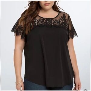 Torrid Black Satin Lace Inset Blouse, Plus Size 0